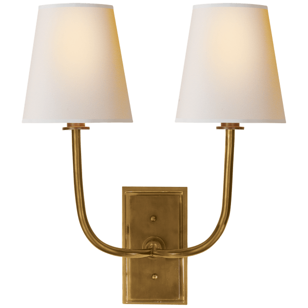 Hulton Double Sconce in Hand-Rubbed Antique Brass with Crystal Backplate and Natural Paper Shades