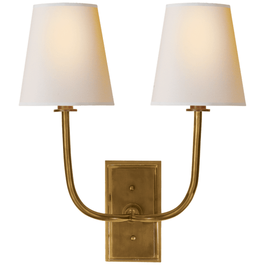 Hulton Double Sconce in Hand-Rubbed Antique Brass with Crystal Backplate and Natural Paper Shades