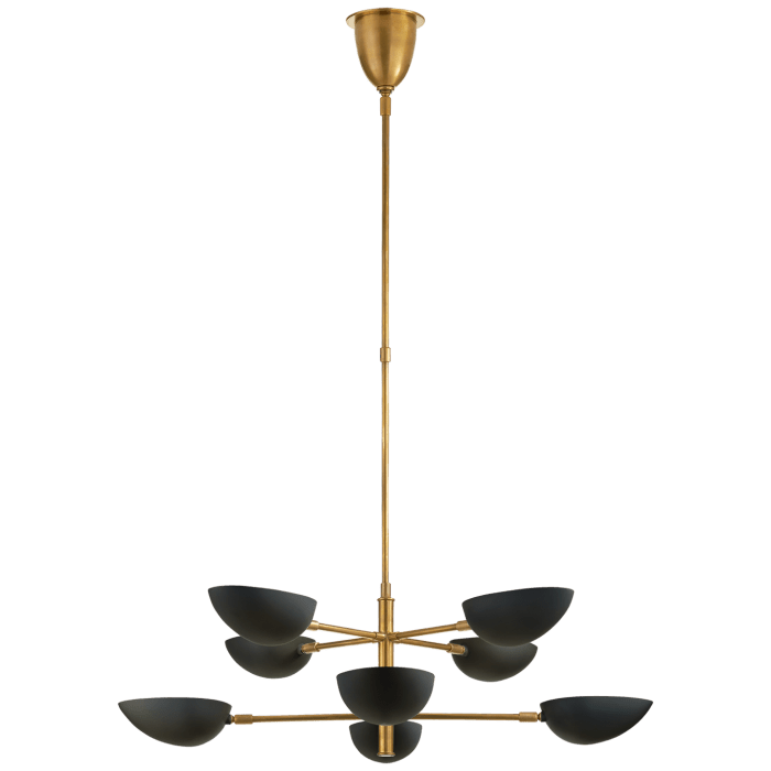 Graphic Large Two-Tier Chandelier in Hand-Rubbed Antique Brass with Black Shades