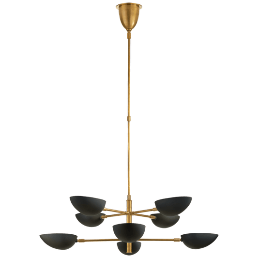 Graphic Large Two-Tier Chandelier in Hand-Rubbed Antique Brass with Black Shades